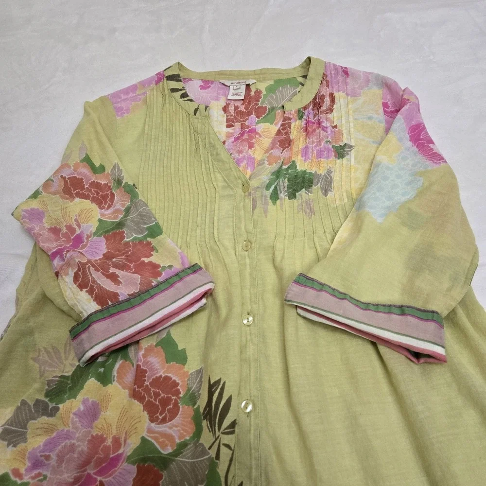 Sundance Floral Pintuck Pleated Button Up Tunic Top Boho Airy Artsy‎ Pockets L - Picture 16 of 16